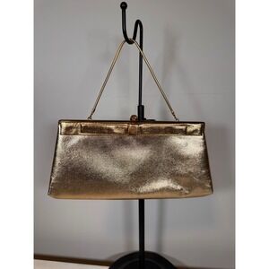 HL USA VTG Gold Metallic Textured Leather Clutch Evening Bag with Chain Strap